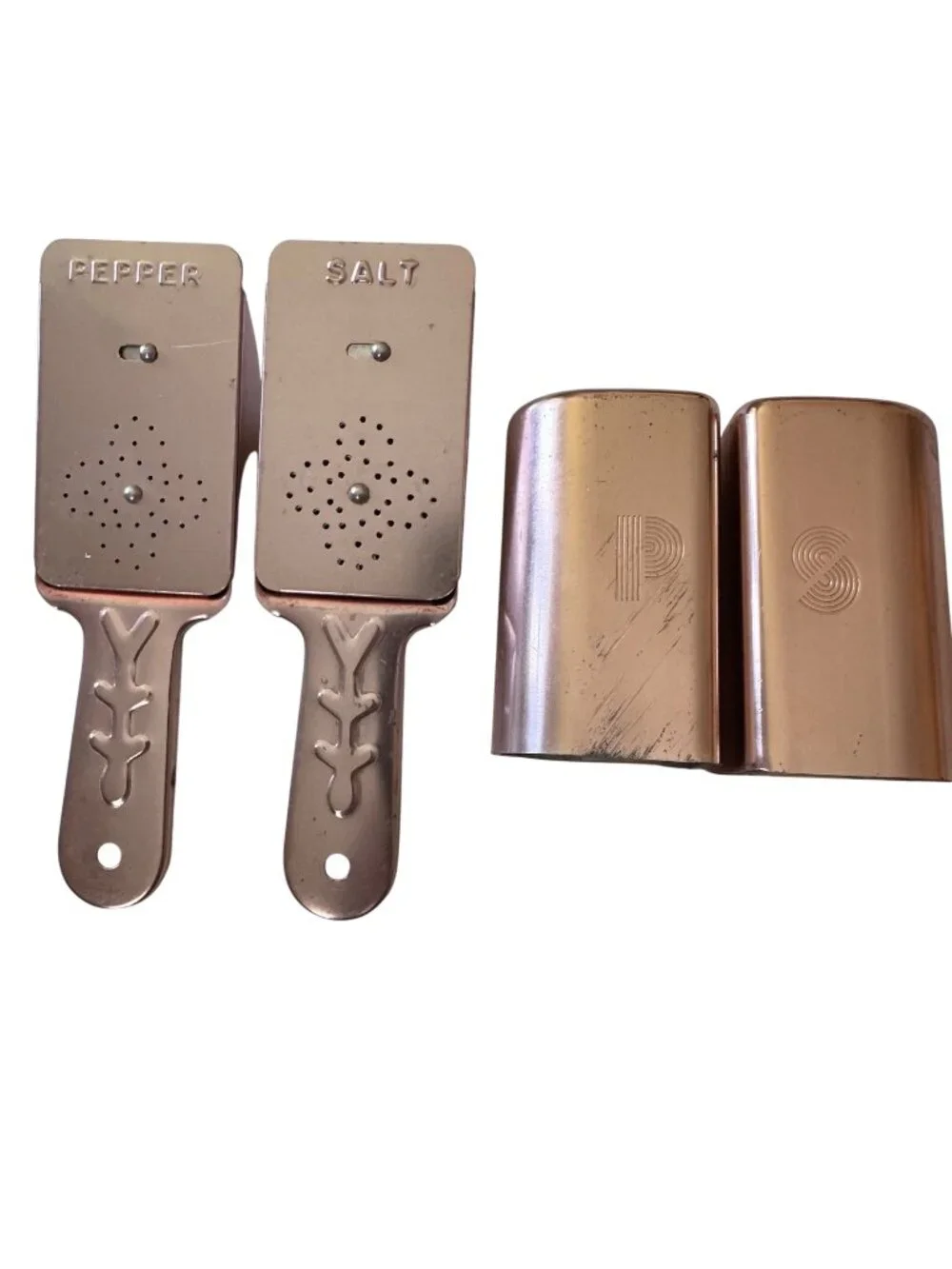 Vintage Copper Aluminum Salt & Pepper Shakers With Handles MCM Set of 2 Retro